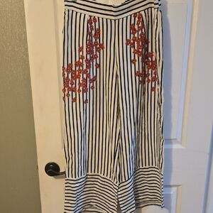 Zara Black and White Striped Cropped Pants with Red Floral Accents